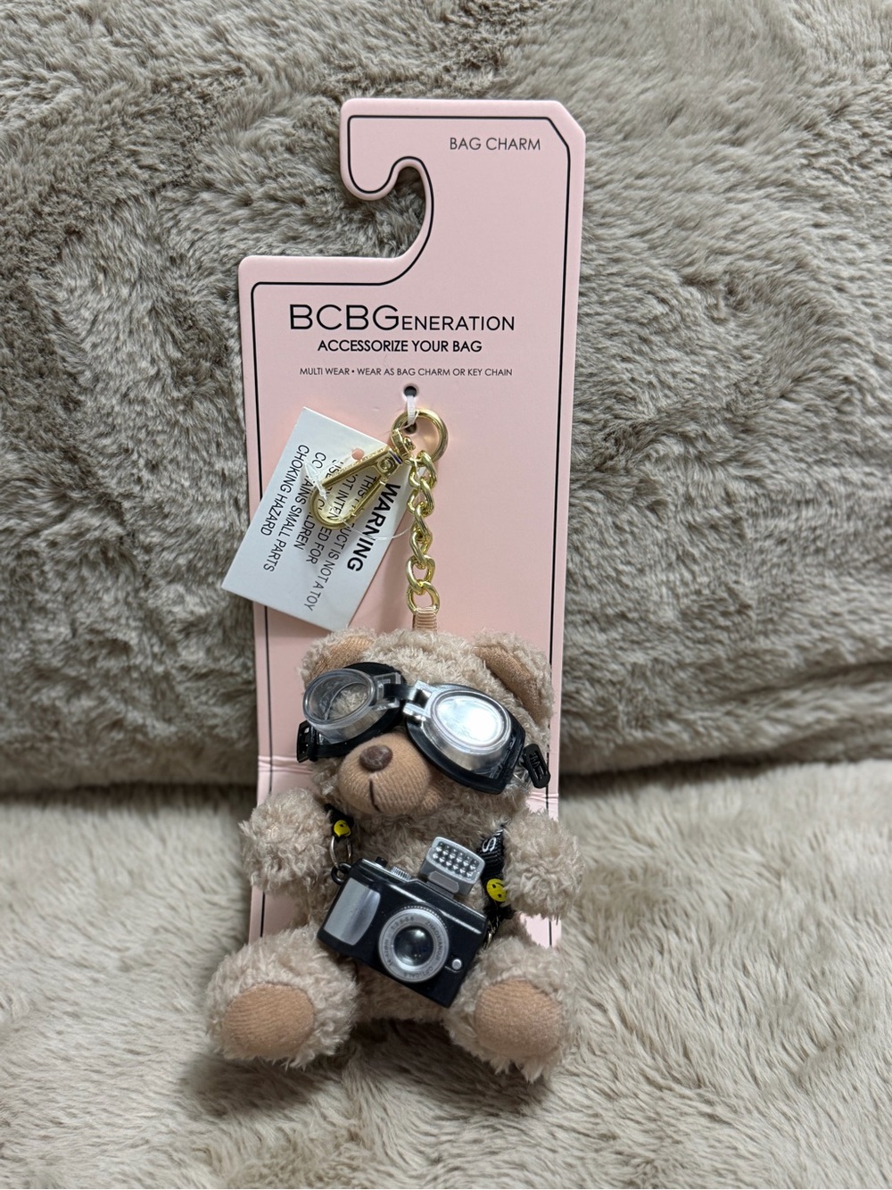 BCBGeneration Beige Plush Bear Bag Charm with Goggles & Camera